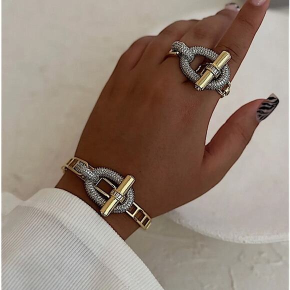 Gold Zircon Bangle Bracelet Two Finger Ring Set Luxury 18K Gold Plated - Picture 12 of 15